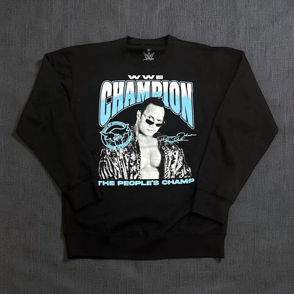 WWE The Rock Sweatshirt Mens M Black Peoples Champ Team Bring It Crewneck NWT
